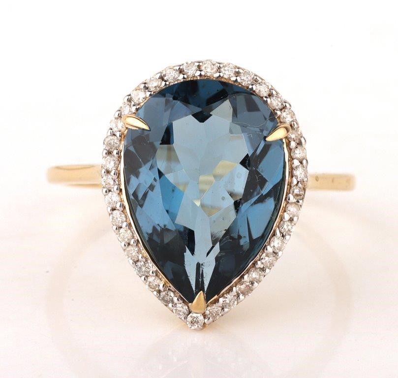 Yellow Gold Natural London Blue Topaz & Diamond Ring with Valuation