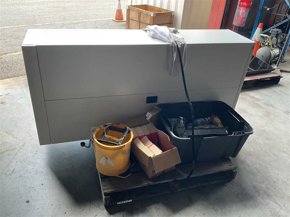 <p>Large Storage Cabinet with Assorted Cleaning Supplies</p>