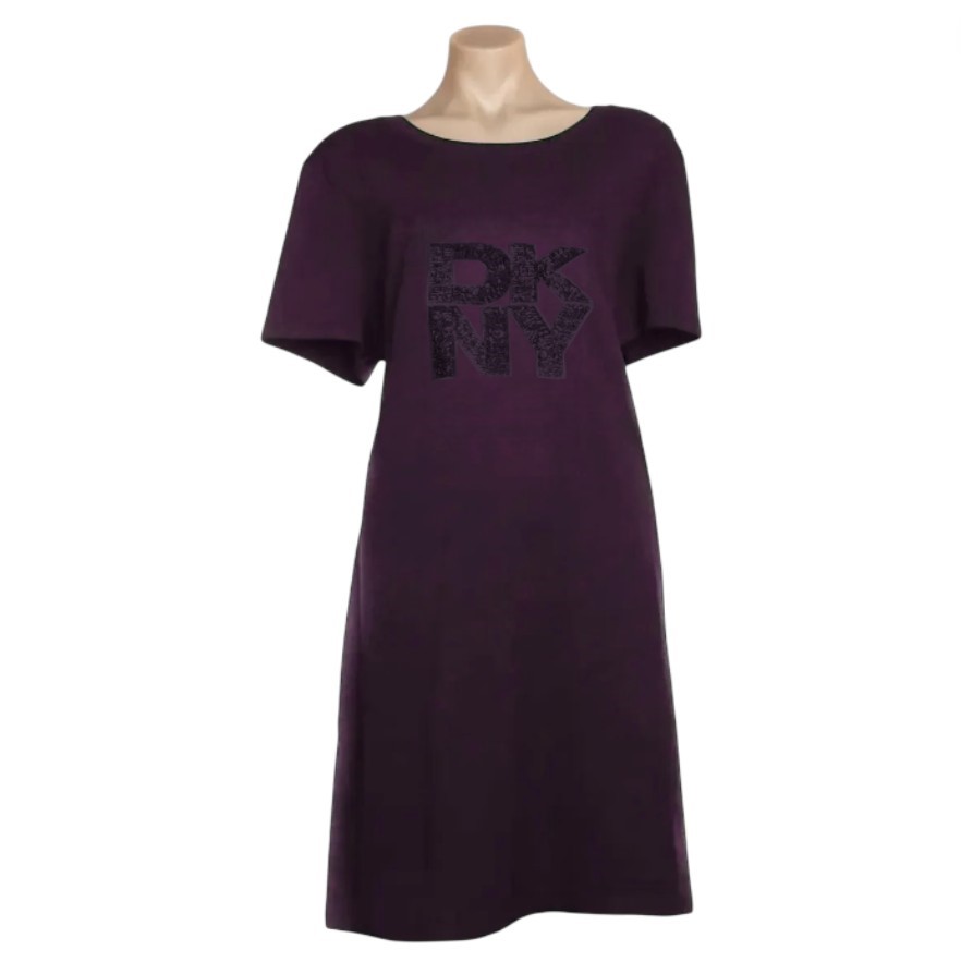 DKNY Women's Sequin Stacked Logo Tee Dress, Size L, 95% Cotton, Raisin (RAI