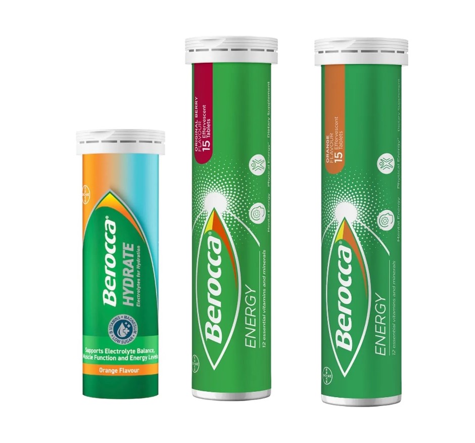 9 x BEROCCA Effervescent Tablets, Incl: Orange 15pc, Original Berry 15pc &