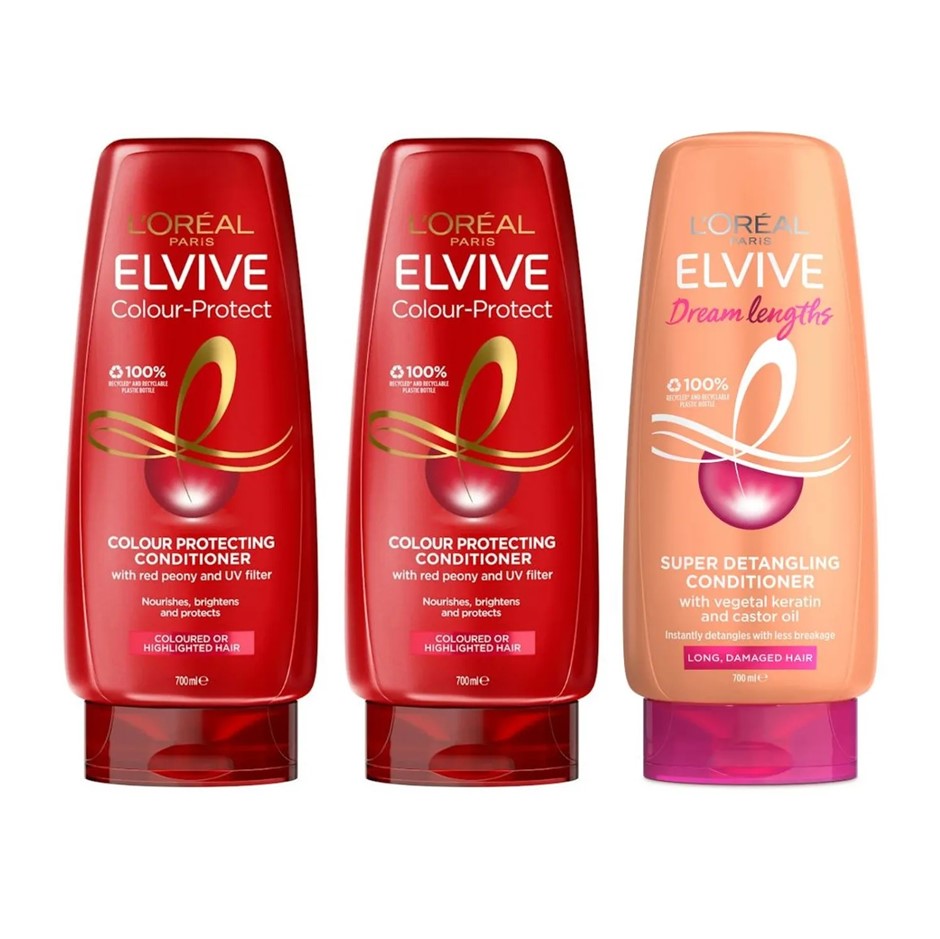 3 x Assorted L'OREAL Elvive Conditioners, 700mL. NB: 1x lid slightly broken