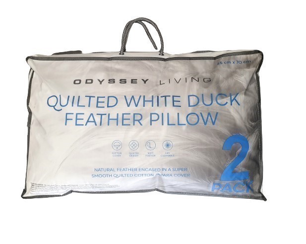 ODYSSEY LIVING 2 Pack Quilted White Duck Feather Pillow, 45 x 70cm.