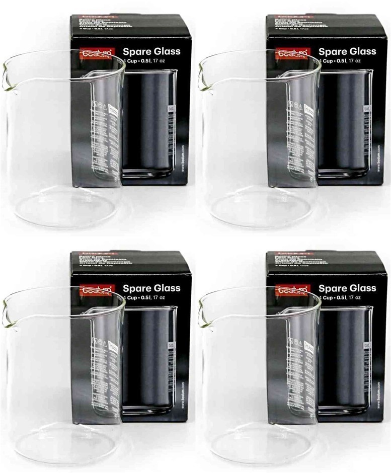 4 x BODUM Replacement Glass for Two Cup Coffee Press, 4 Cup (0.5L).
