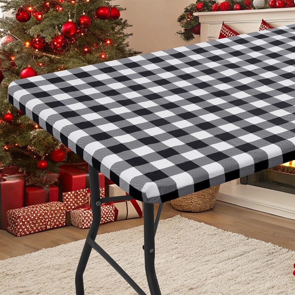 SMIRY Elastic Waterproof Vinyl Tablecloth, Flannel-Backed Buffalo Plaid (91