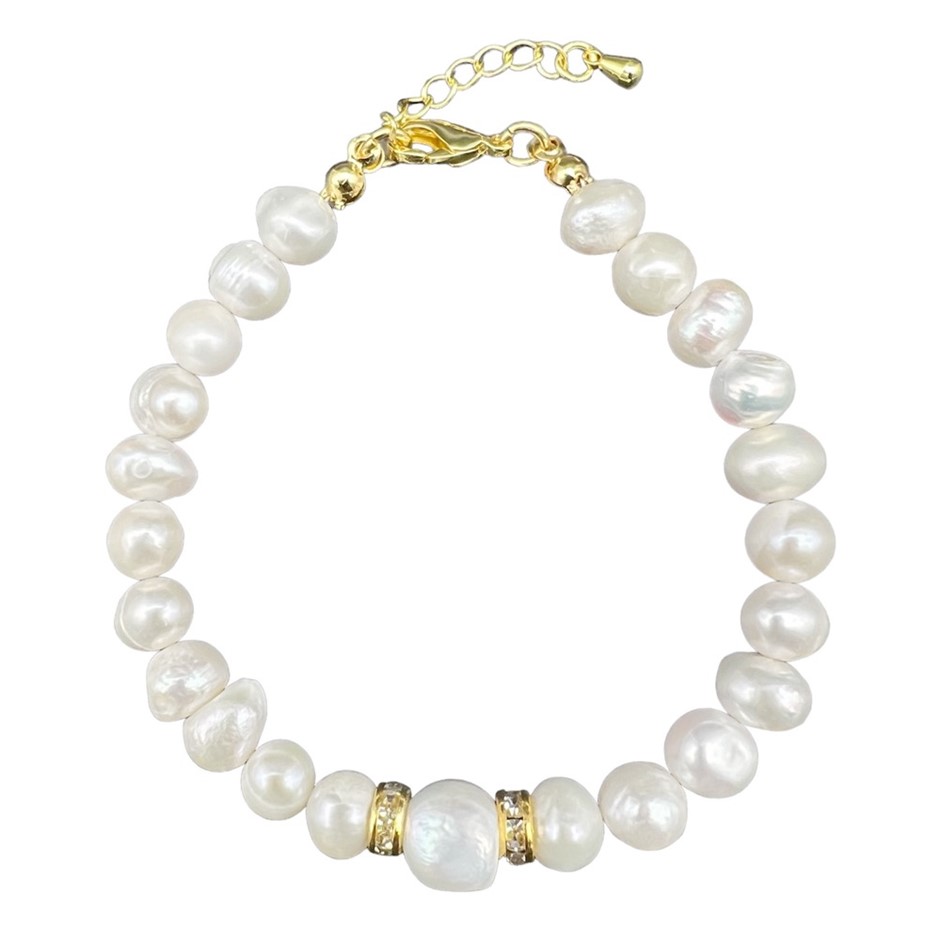 Mix Shape Large Central White Pearl & Rhinestone 18k Gold Plated Bracelet.
