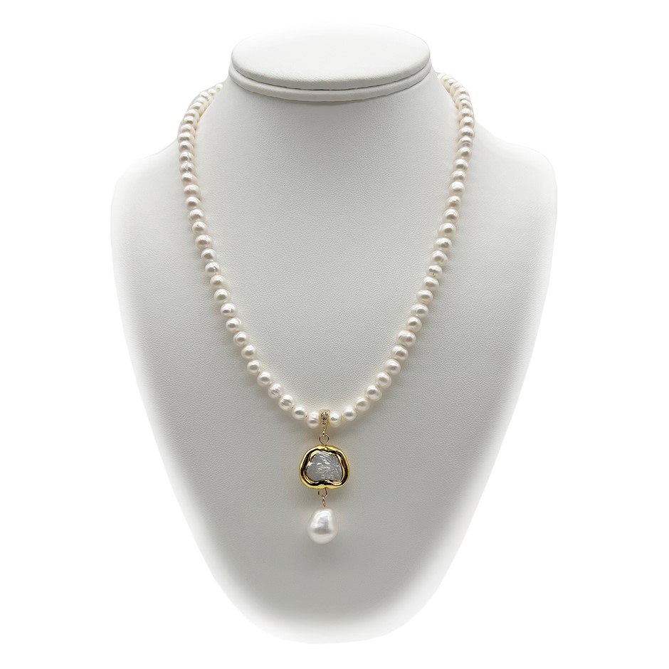 5-6mm White Freshwater, Keshi with Gold Trim & Baroque Pearl Necklace