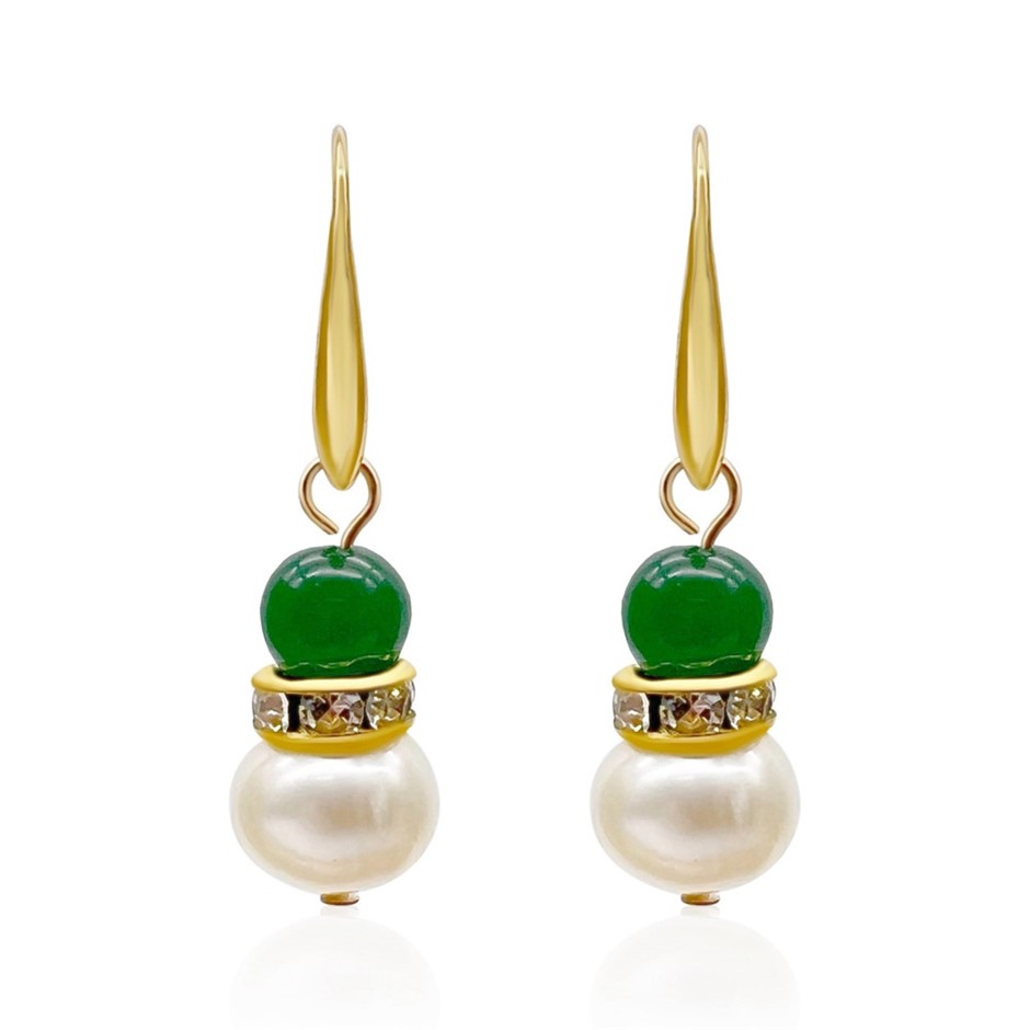 Green Aventurine & Freshwater Pearl Gold Plated Drop Earrings