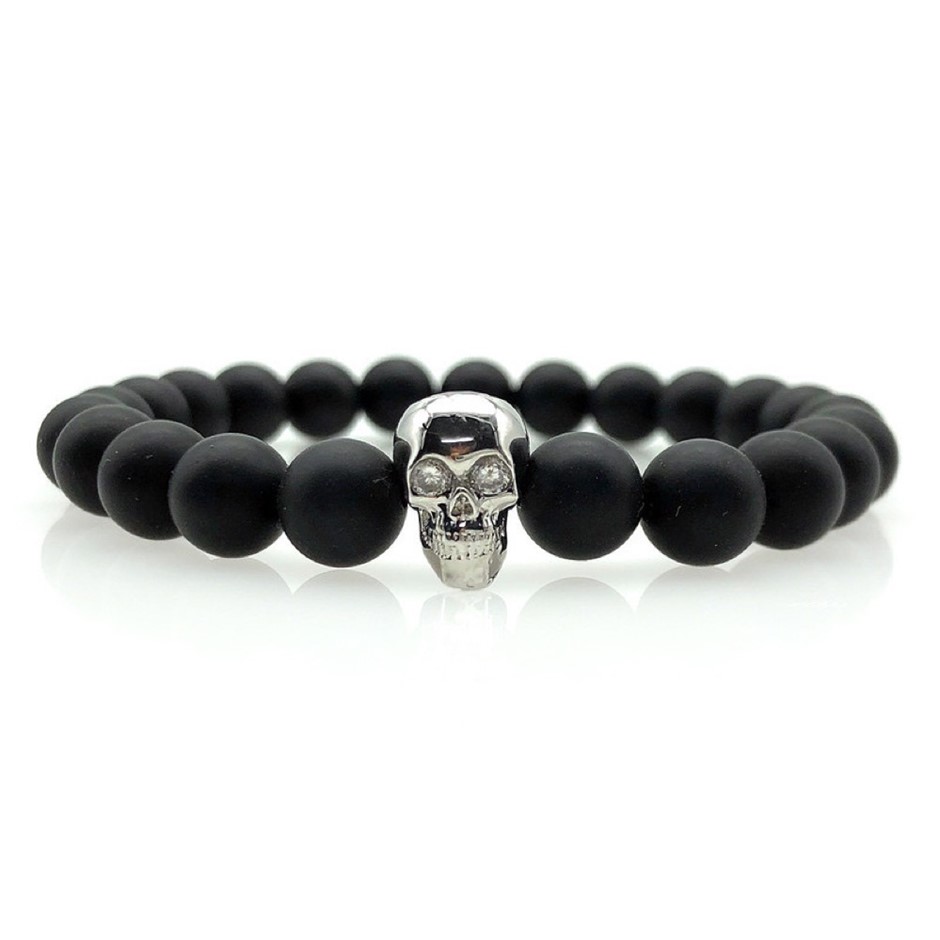 Men's 8mm Frosted Black Agate & Skull Beaded Bracelet