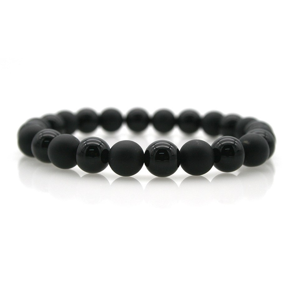 Men's 8mm Black Agate & Black Stone Beaded Bracelet