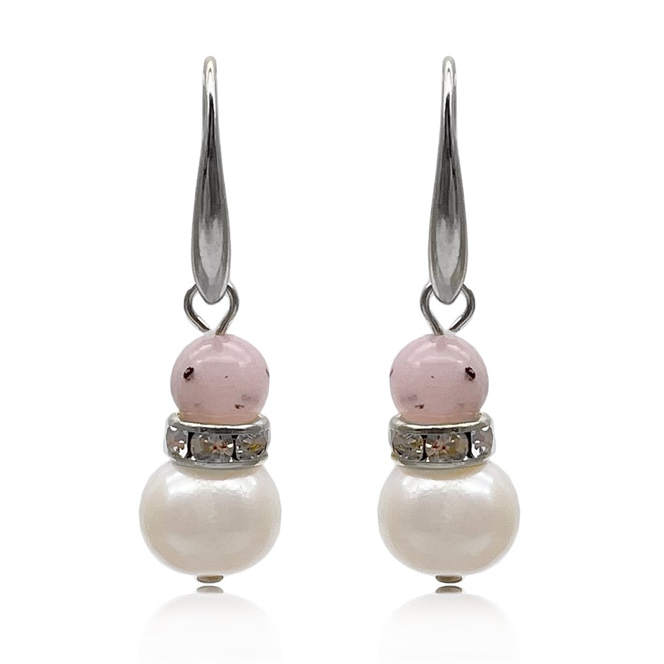 Cherry Blossom Jasper & Freshwater Pearl Platinum Plated Drop Earrings