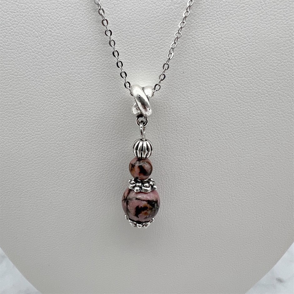 Rhodonite Antique Style Silver & Platinum Plated Pendant Necklace