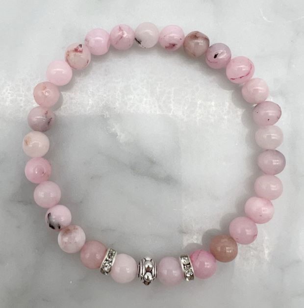 6mm Cherry Blossom Jasper & Rhinestone Stretch Beaded Bracelet