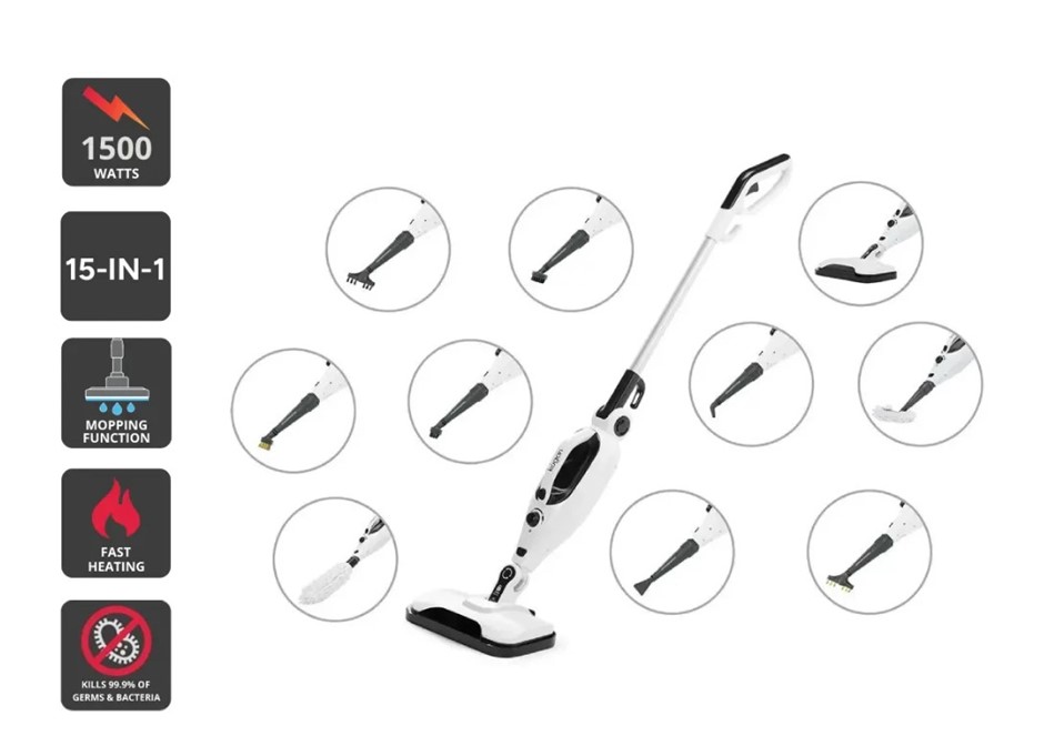 KOGAN Premium 15-in-1 Steam Mop, White.