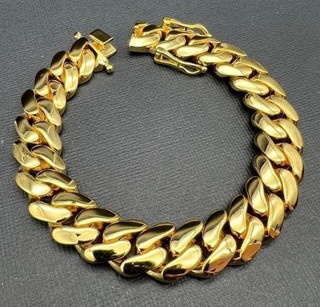 18K/Italy Triple Solid Yellow Gold Plated Cuban Bracelet -22cm-14mm