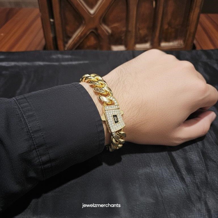 18K/Italy Triple Solid Yellow Gold Plated Cuban Bracelet -22.8cm-14mm