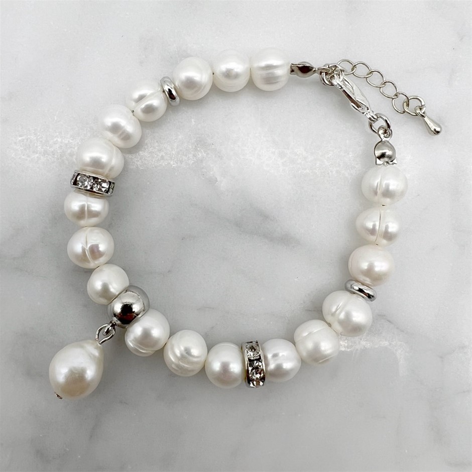 8-9mm Potato Pearl with Baroque Pearl Teardrop Charm Bracelet
