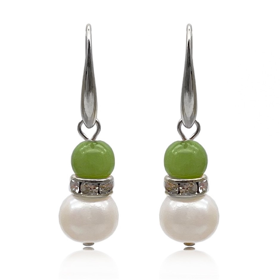 Flower Jade & Freshwater Pearl Platinum Plated Drop Earrings