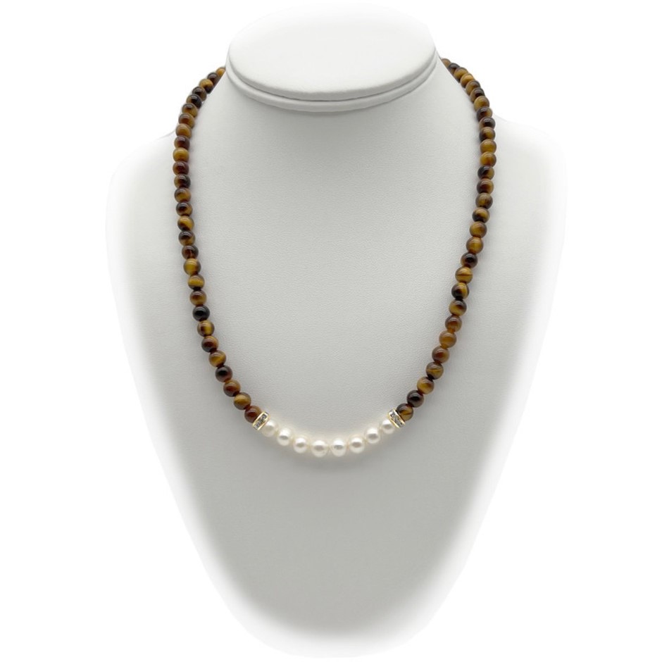 7-8mm Pearl & Tiger Eye with Real 18k Gold Plated Necklace