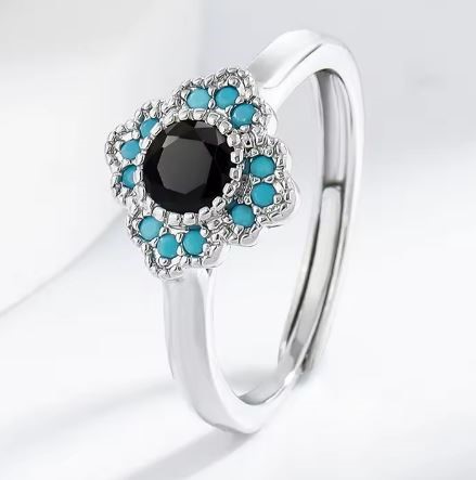 0.5ct GRA Moissanite Black and Turquoise Brilliant Cut Ring(s925/Italy)