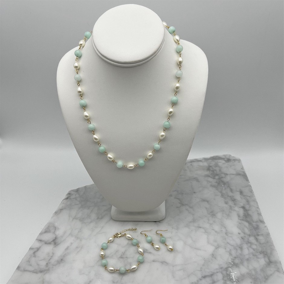 Teardrop Glass Pearls & Aqua Colour Malaysia Jade 'Quartz' Jewellery Set