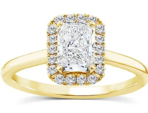 9K YELLOW GOLD 1.15ct F VS LAB DIAMOND RADIANT HALO RING