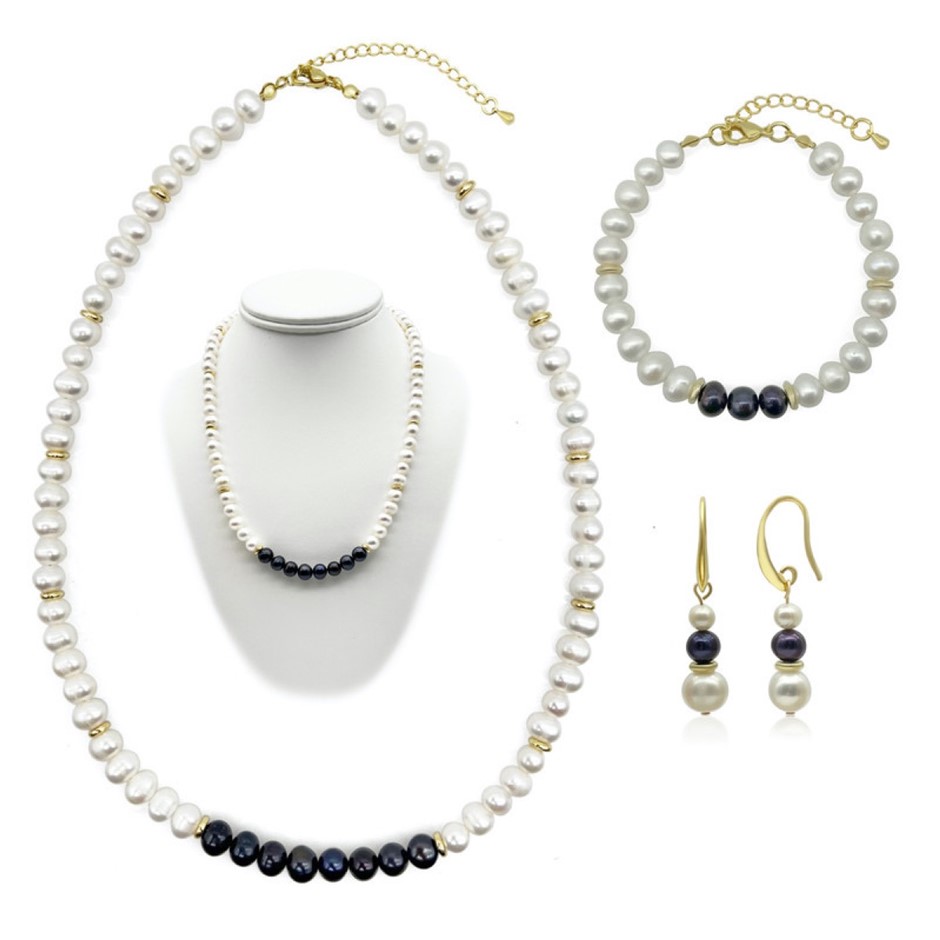 Luxury 7-8mm White & Black Pearl Real 18k Gold Plated Jewellery Set