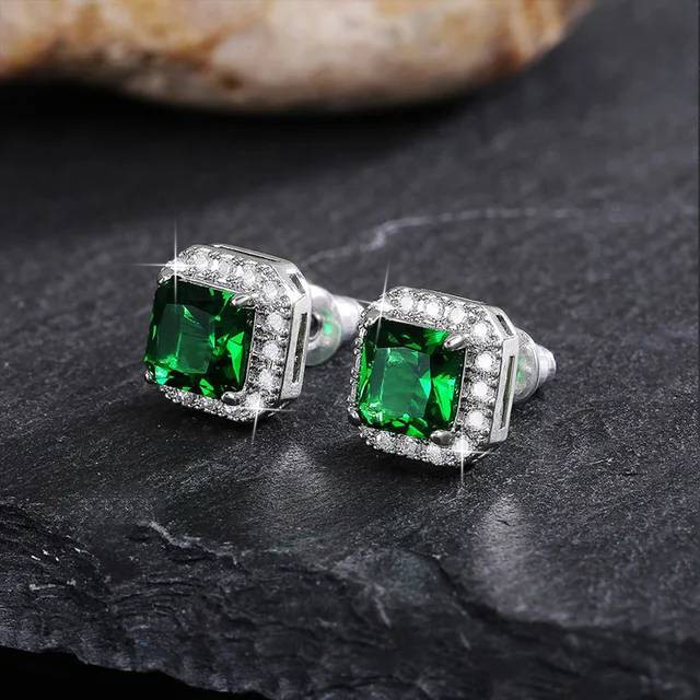 Designer Simulated Earrings Green Square Earrings in Silver