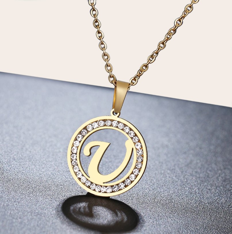 Stainless Steel Initial 'U' Necklace with Simulated Diamonds - Yellow