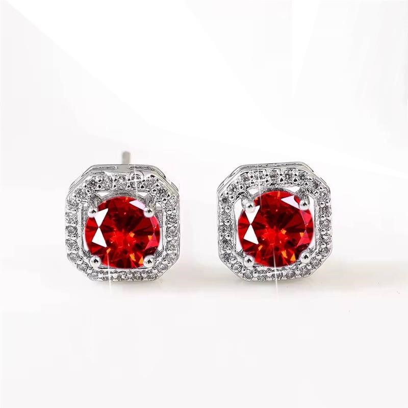 Designer Red & Simulated Diamond Square Stud Earrings in Silver