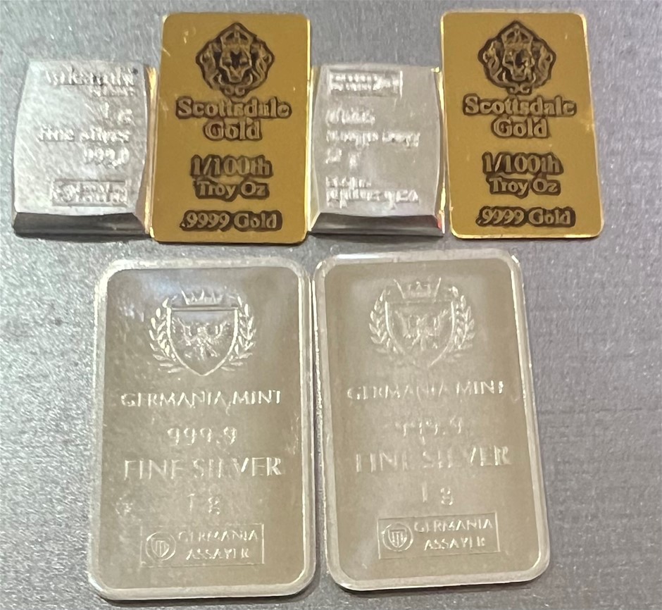 1/100 Scottdale gold bar x 2, 1 Gram Valcumbi Silver x 2 & 1 Gram Germ Bar