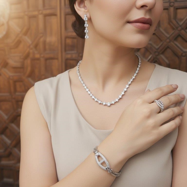 4pcs x 18K Stamped White Gold Filled Bangle & Ring & Earring & Necklace