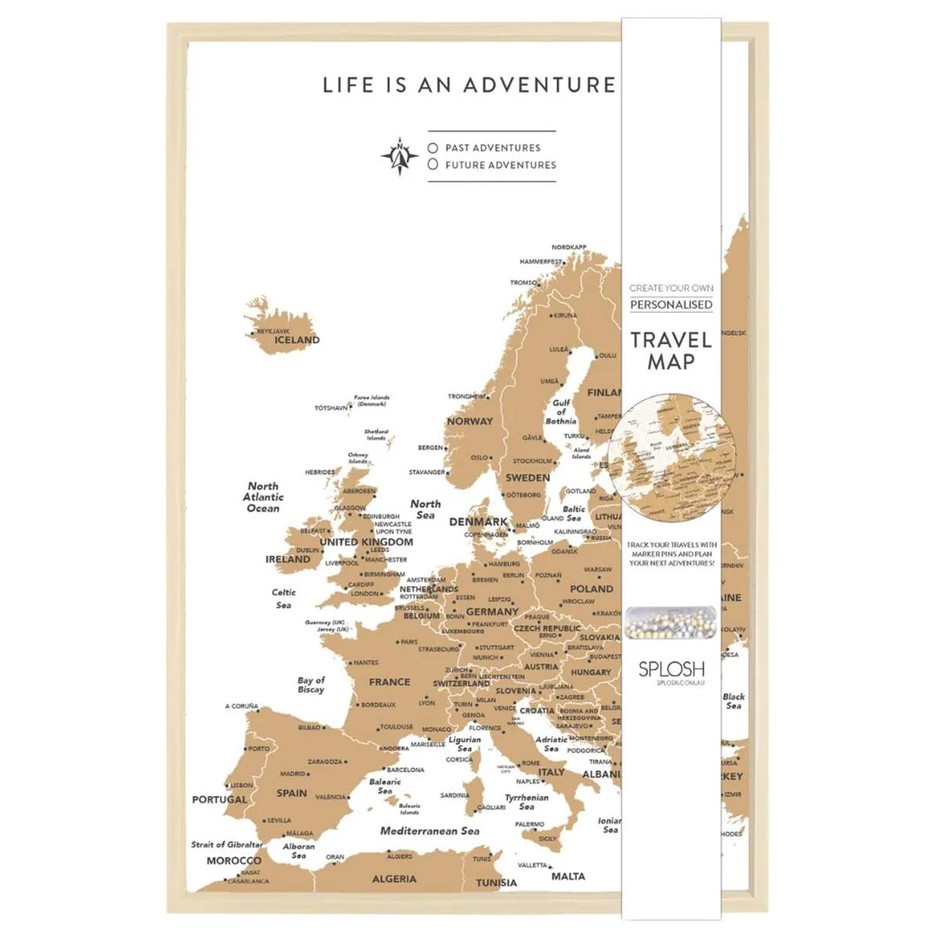 SPLOSH Cork Pin Board Europe Travel Map, 55 x 36 cm.