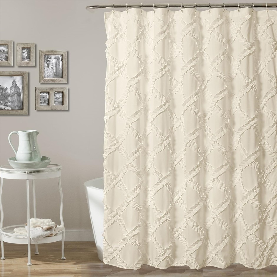 LUSH DECOR Ruffle Diamond Shower Curtain, Textured Shabby Chic Farmhouse St