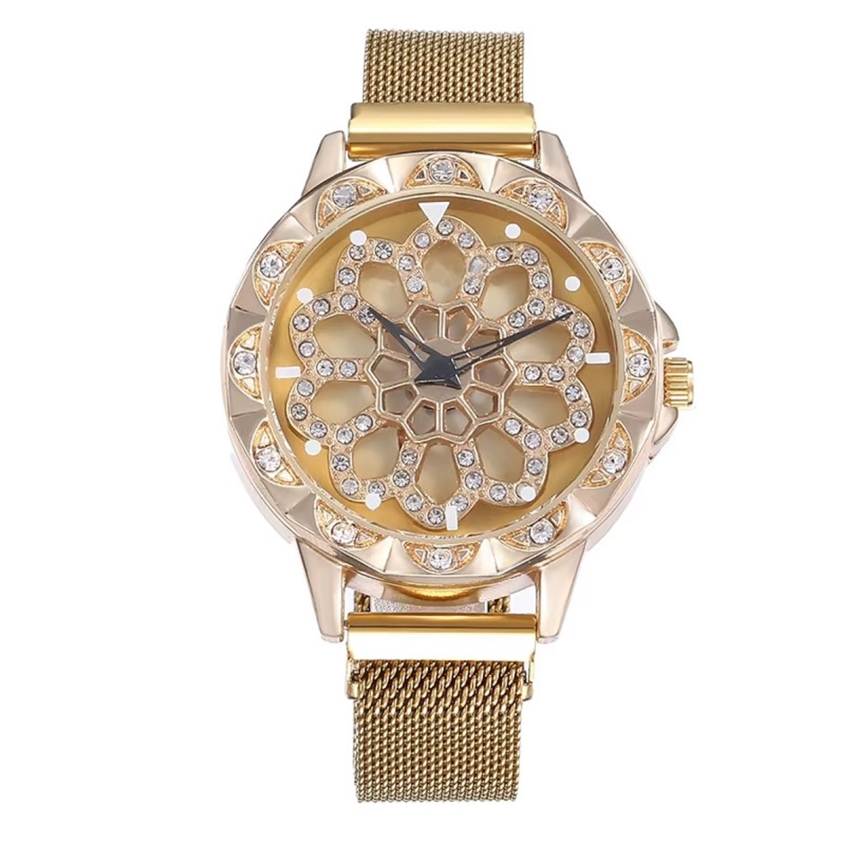 Luxury Gold Coloured Rotating Flower Dial Wrist Watch