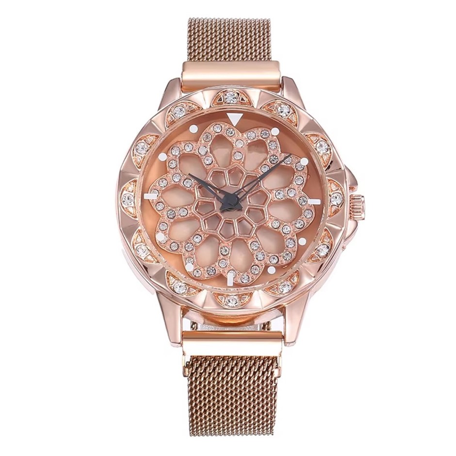 Luxury Rose Gold Coloured Rotating Flower Dial Wrist Watch