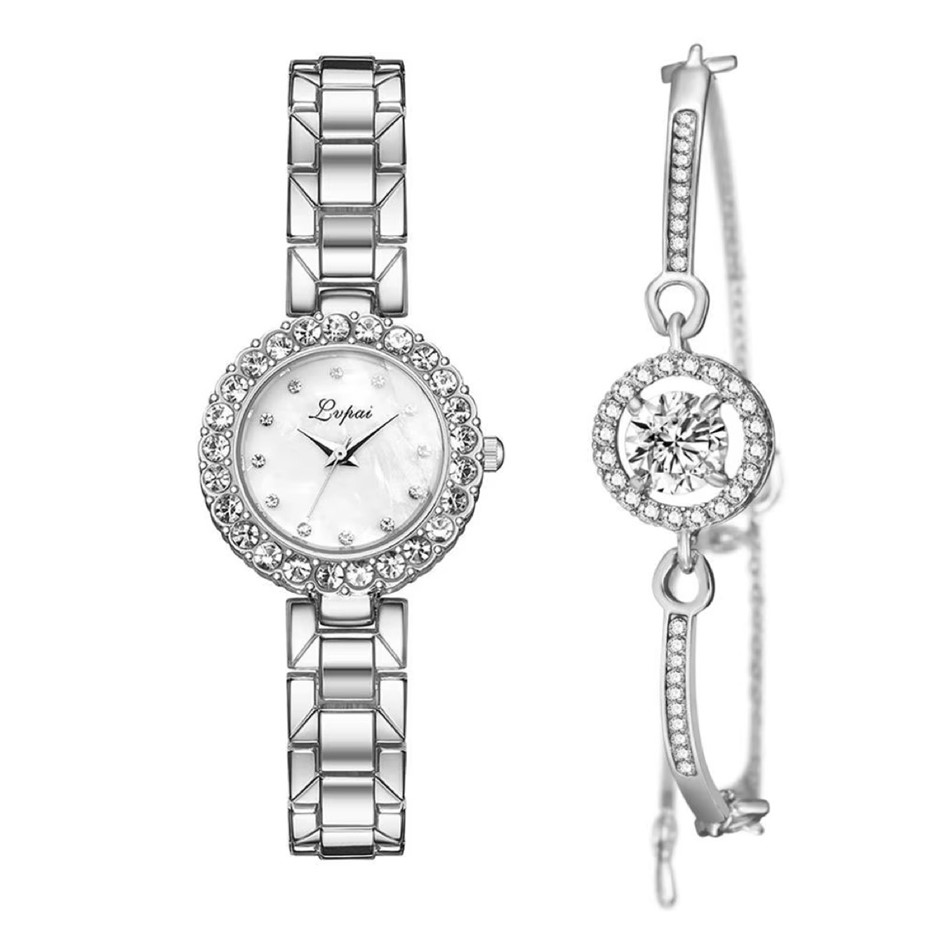 Fashionable Crystal Quartz  Watch and Bracelet Set, Silver/White