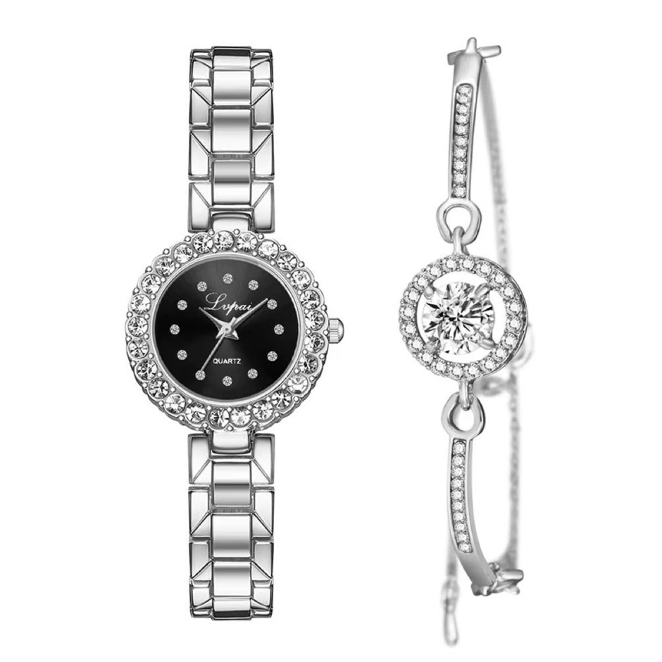 Fashionable Crystal Quartz  Watch and Bracelet Set, Silver/Black