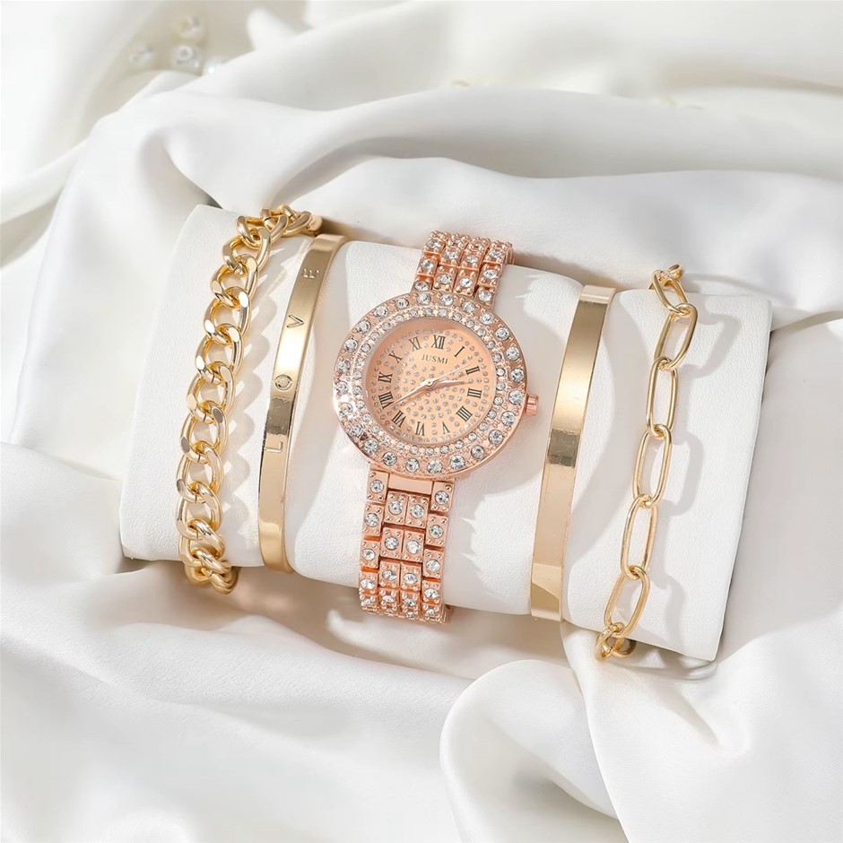 5PCS Crystal Encrusted Watch & Bracelets Set, Rose Gold