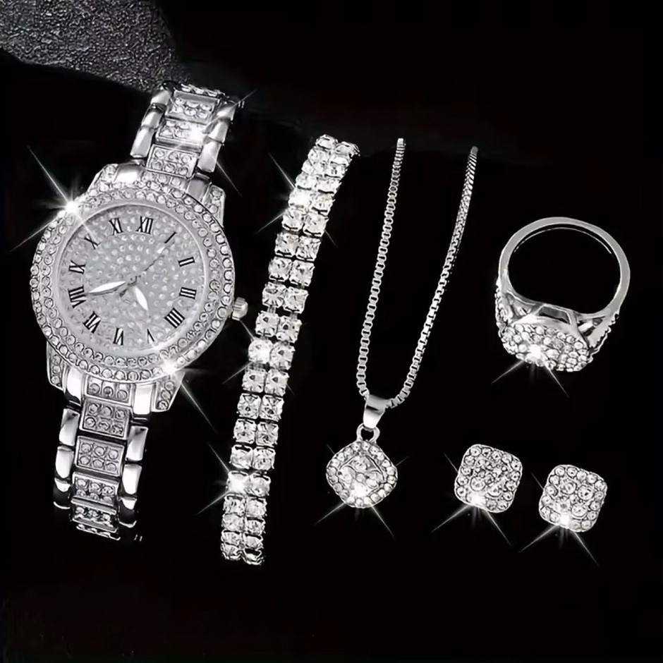 Luxury Elegant Wrist Watch & 5PCS Crystal Jewellery Iced Out Set