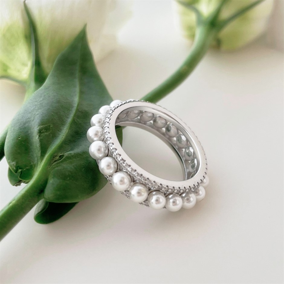 Shell Pearl & Simulated Diamond 925 Sterling Silver Ring - Size 6