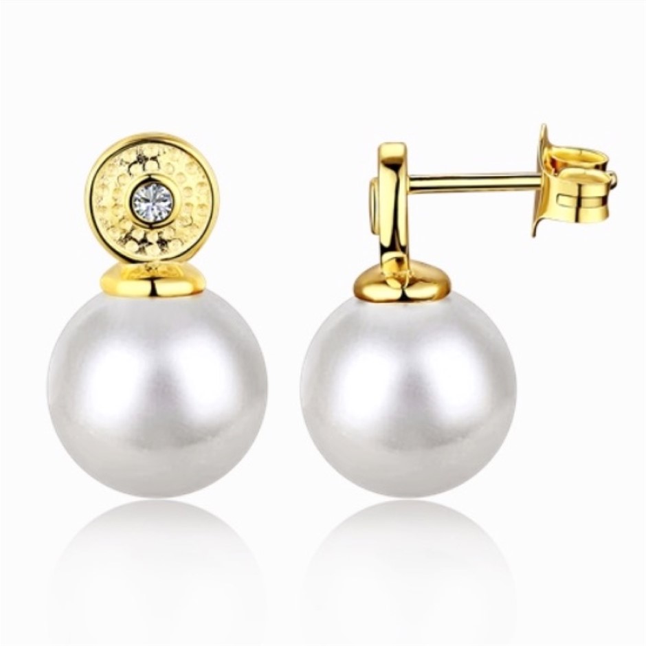 11MM Shell Pearl Simulated 18K Gold Filled 925 Silver Diamonds Earrings
