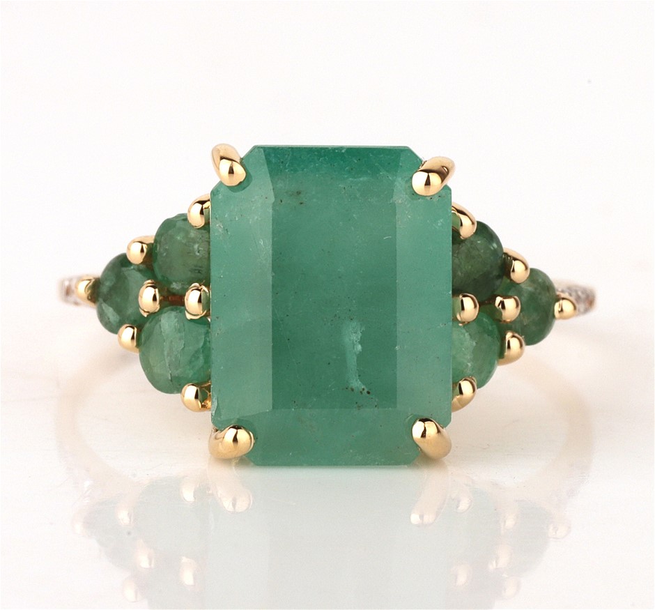 Yellow Gold Natural Emerald  & Diamond Ring   with Valuation
