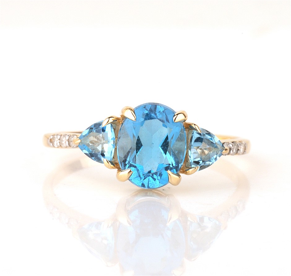 Yellow Gold Natural Swiss Blue Topaz & Diamond Ring with Valuation