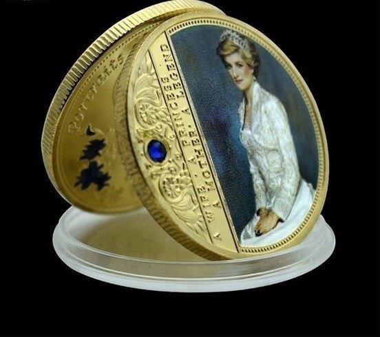 Princess Diana Gold Plated Coin w/ Blue Crystal Portraits Of A Medal