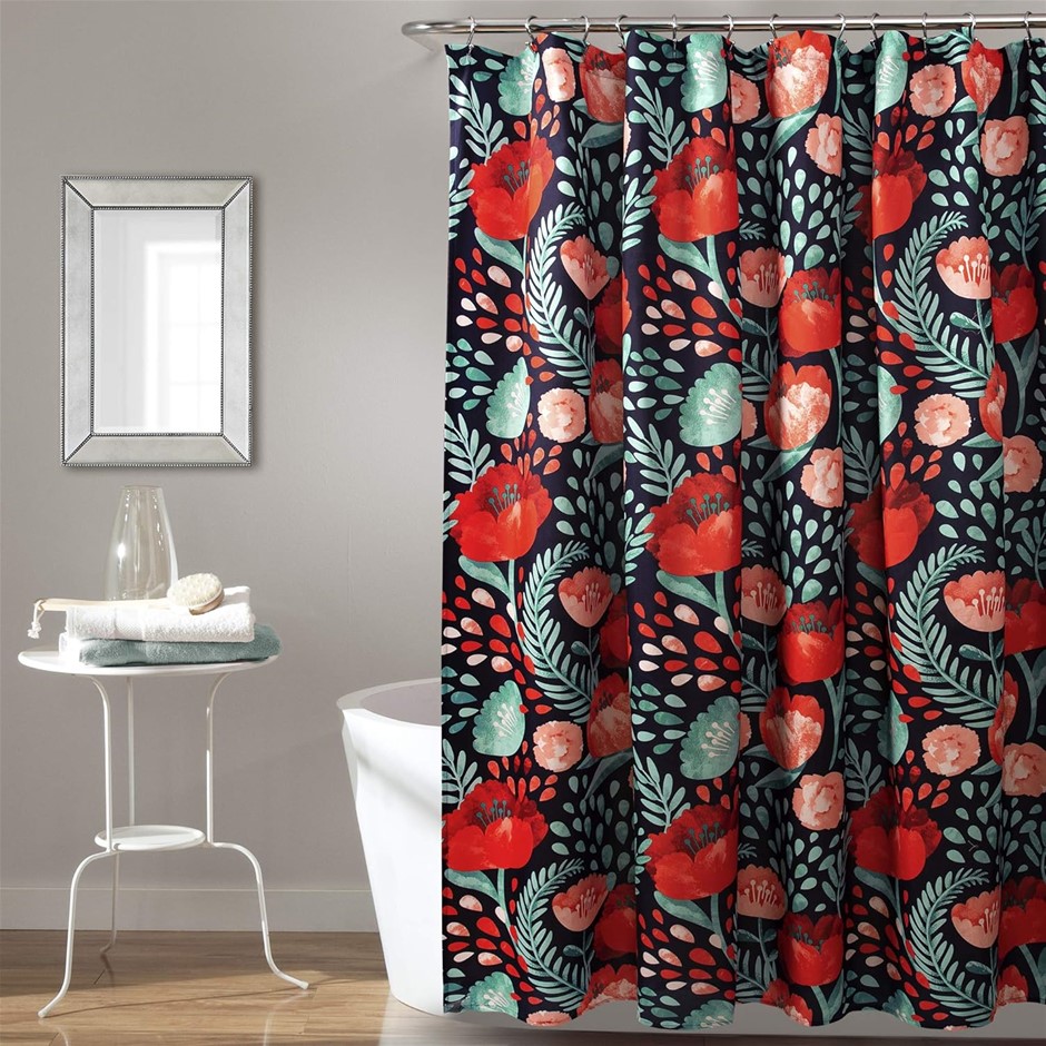 LUSH DECOR Shower Curtain, 183cm x 183cm, Poppy Garden/Navy. RRP: $55.