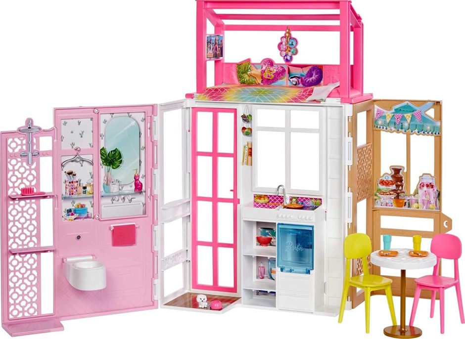 BARBIE Dollhouse with 2 Levels & 4 Play Areas, Fully Furnished Barbie House