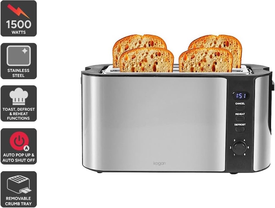 KOGAN 4 Slice Long Slot Stainless Steel Toaster