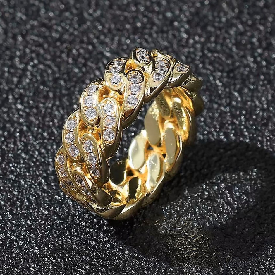 18K Gold-Filled Cuban Style Link Ring with Simulated Diamonds - Size 8