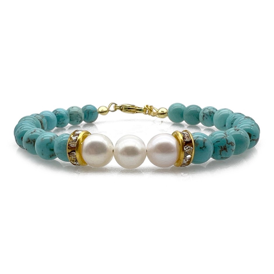 7-8mm Pearl & Turquoise with Real 18k Gold Plated Bracelet