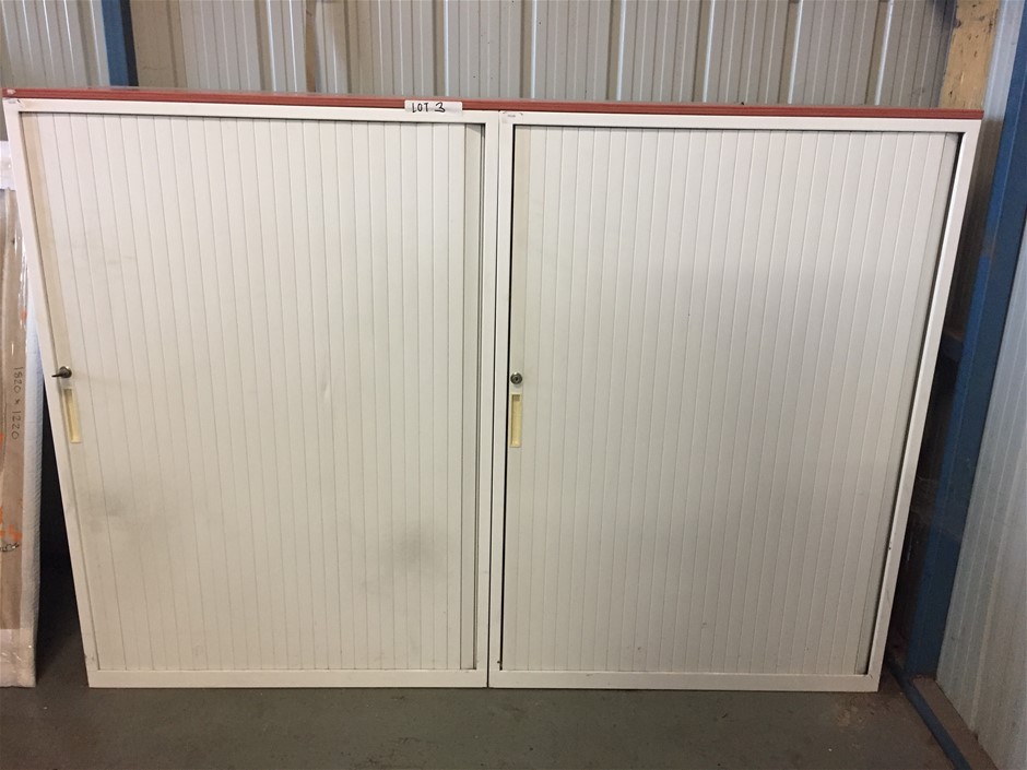 x2 Single Sliding Door 4 Shelf Tambour Units with Red Timber Top Piece